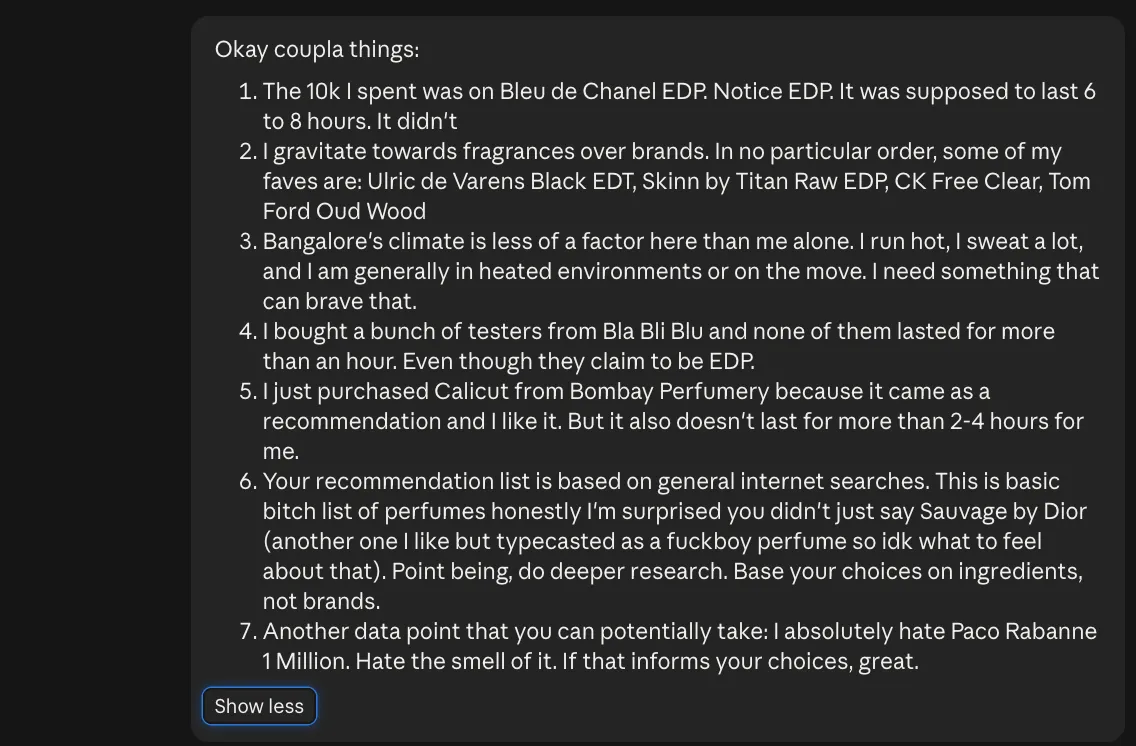 A note to Claude listing fragrance preferences, longevity complaints, and a request for ingredient-based research.